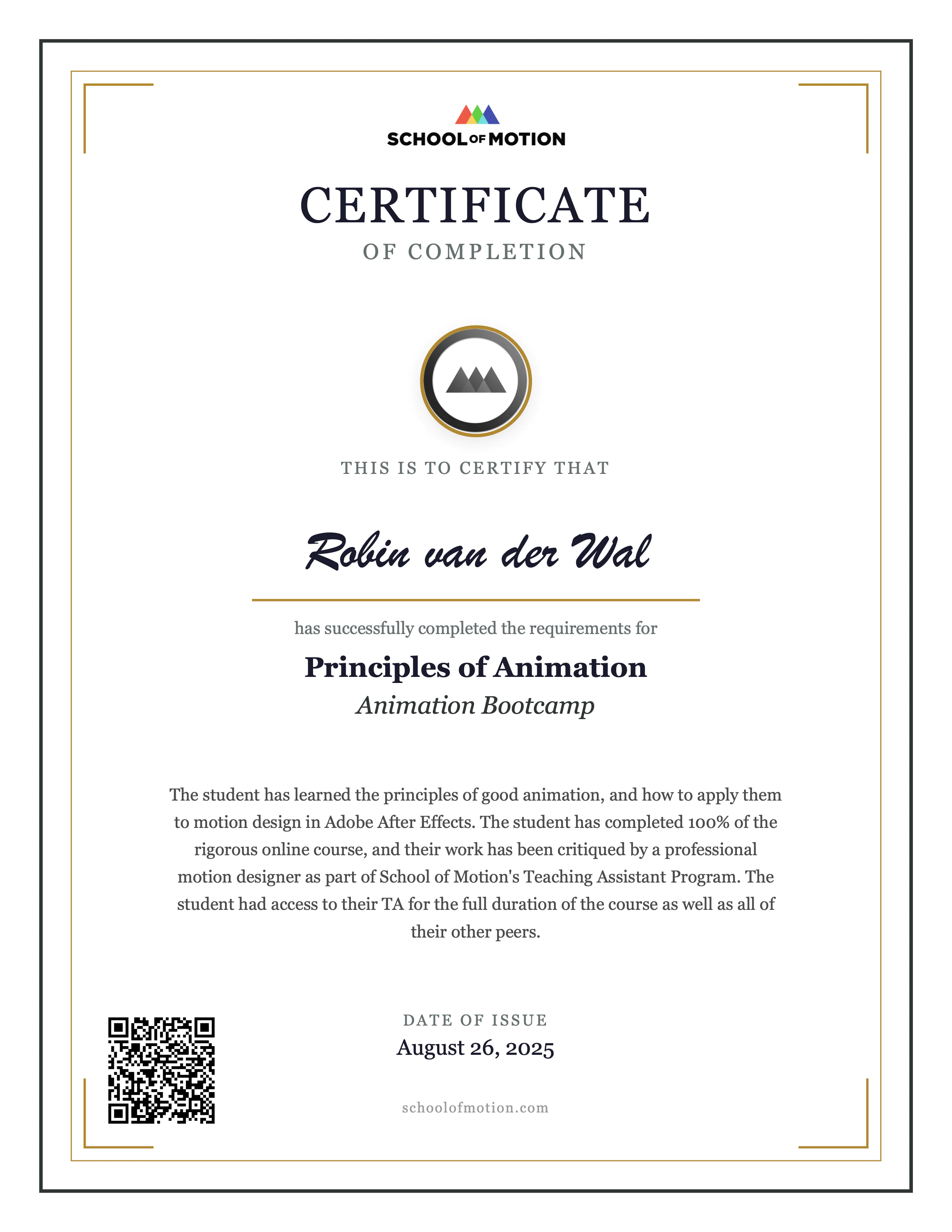 Animation Bootcamp Certificate — Robin van der Wal