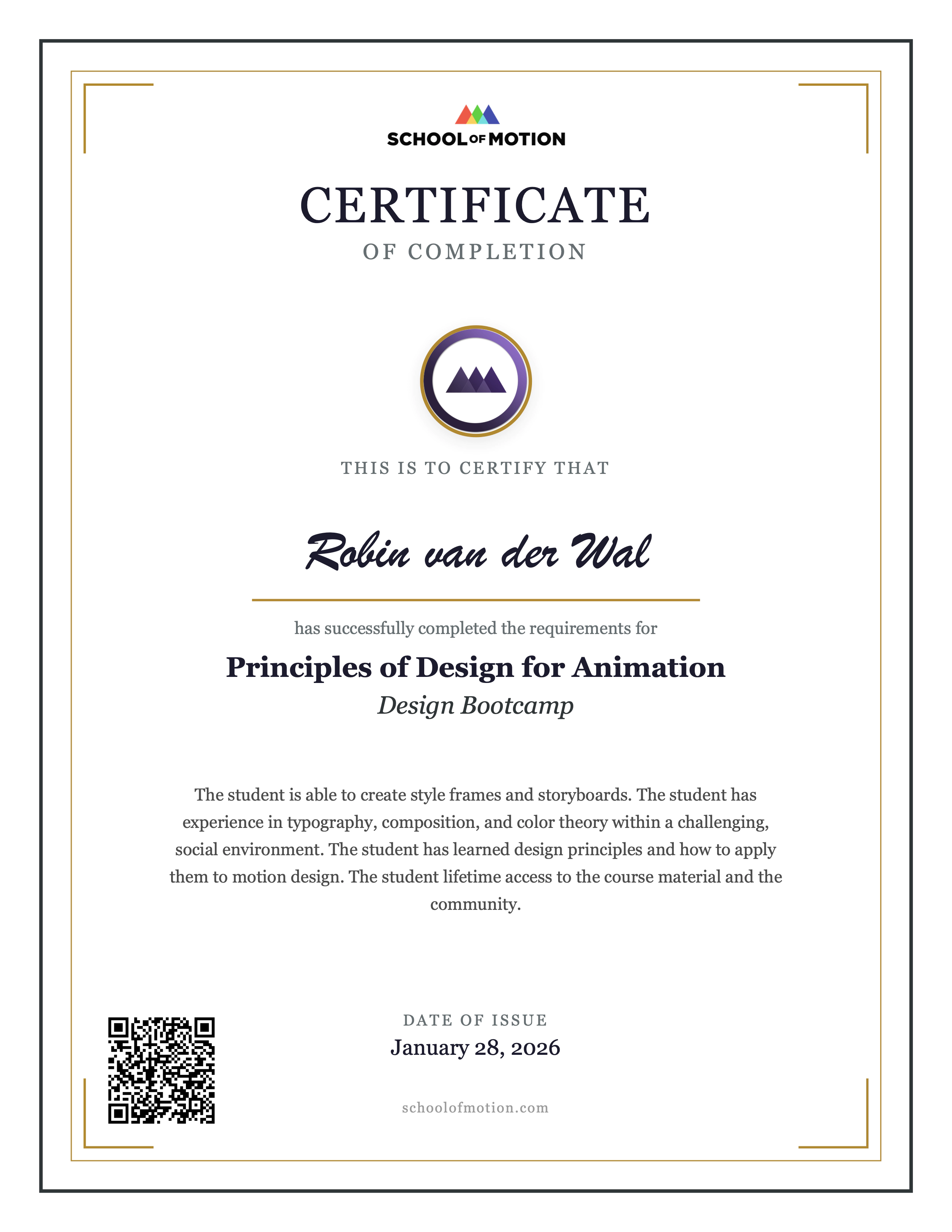 Design Bootcamp Certificate — Robin van der Wal