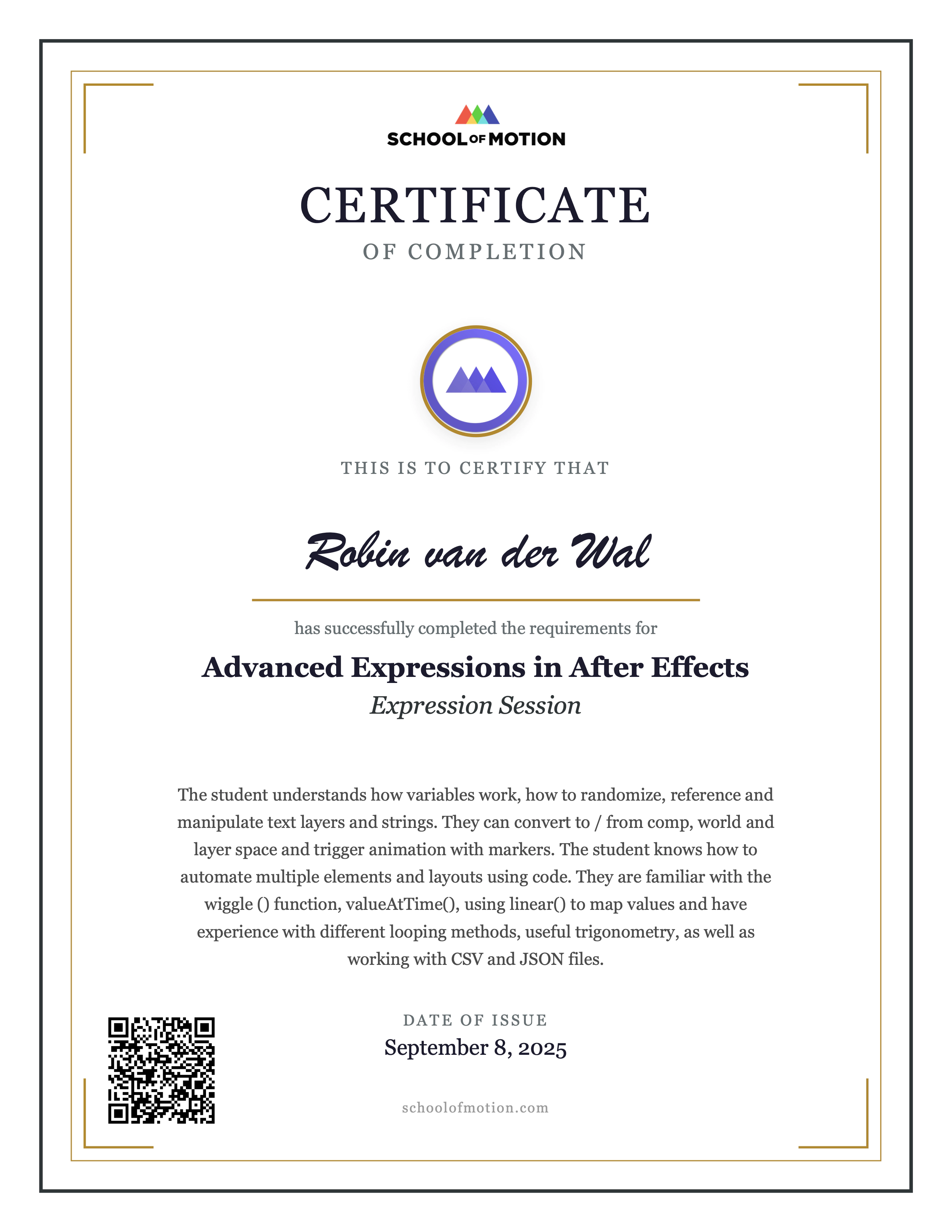 Expression Session Certificate — Robin van der Wal